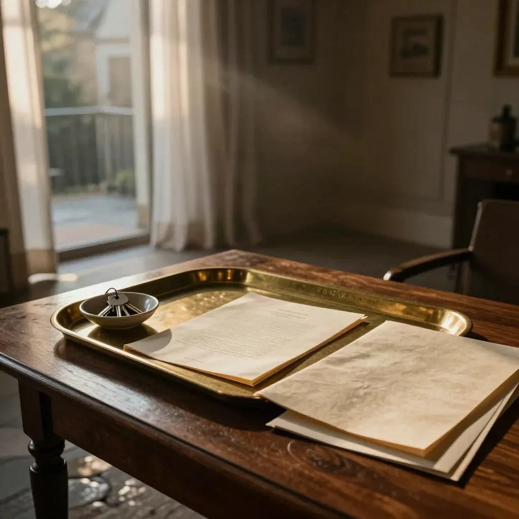 Dusk townhouse desk with tray, closed file and keys in a bowl by sheer curtains