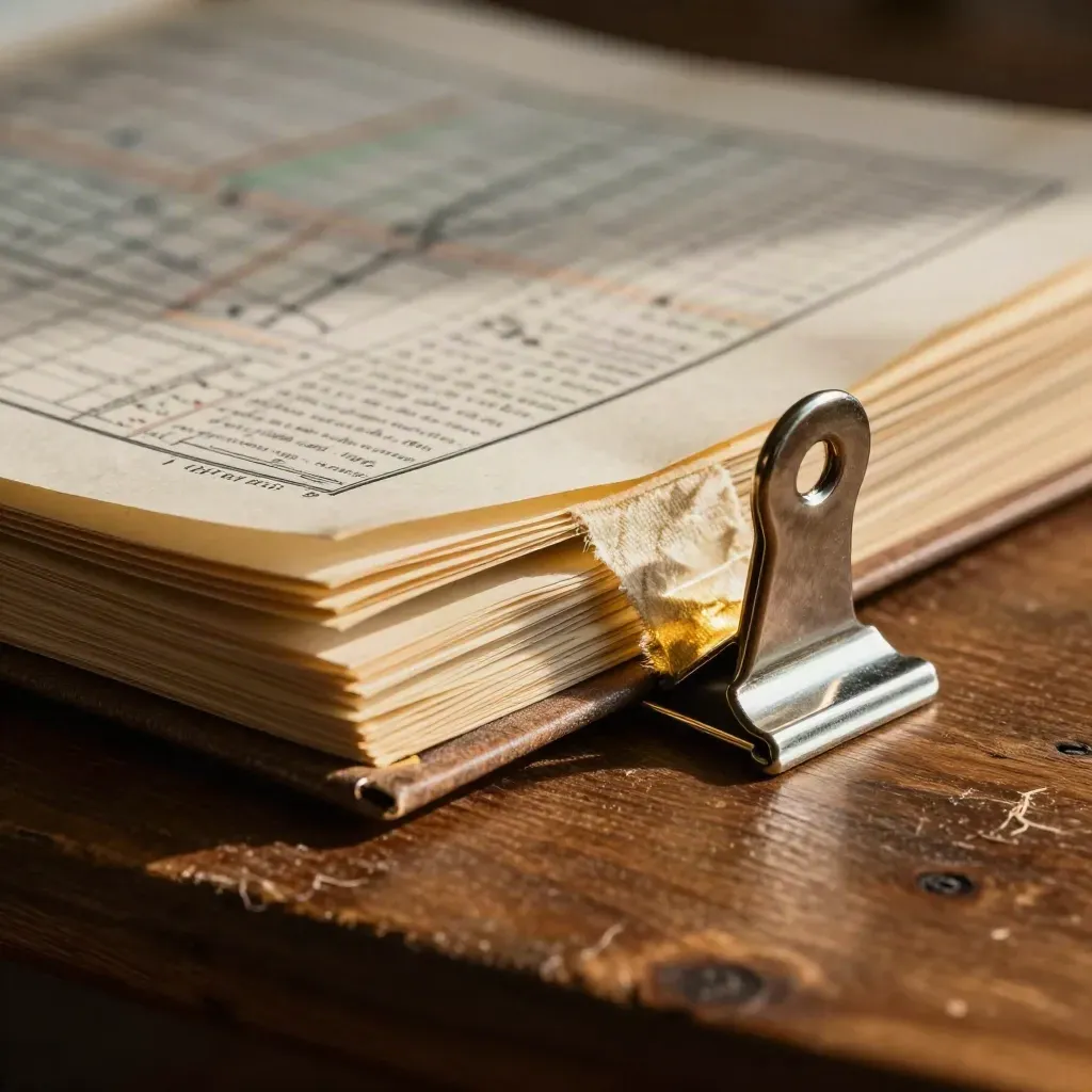 Extreme macro of plat tabs, ledger binding and steel clip on worn oak, side-lit in warm gold.