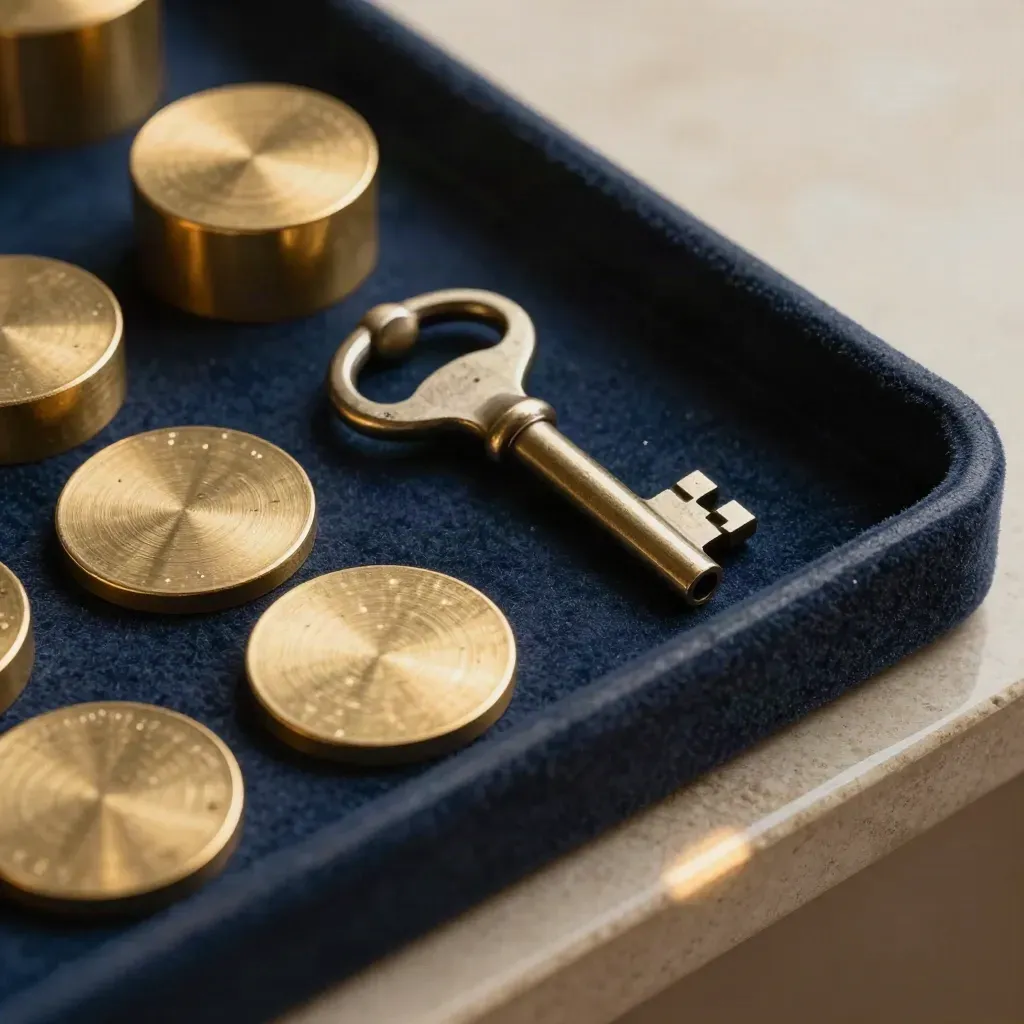Brass escrow weights, transfer discs and a lockbox key in a navy felt tray, lit from above.
