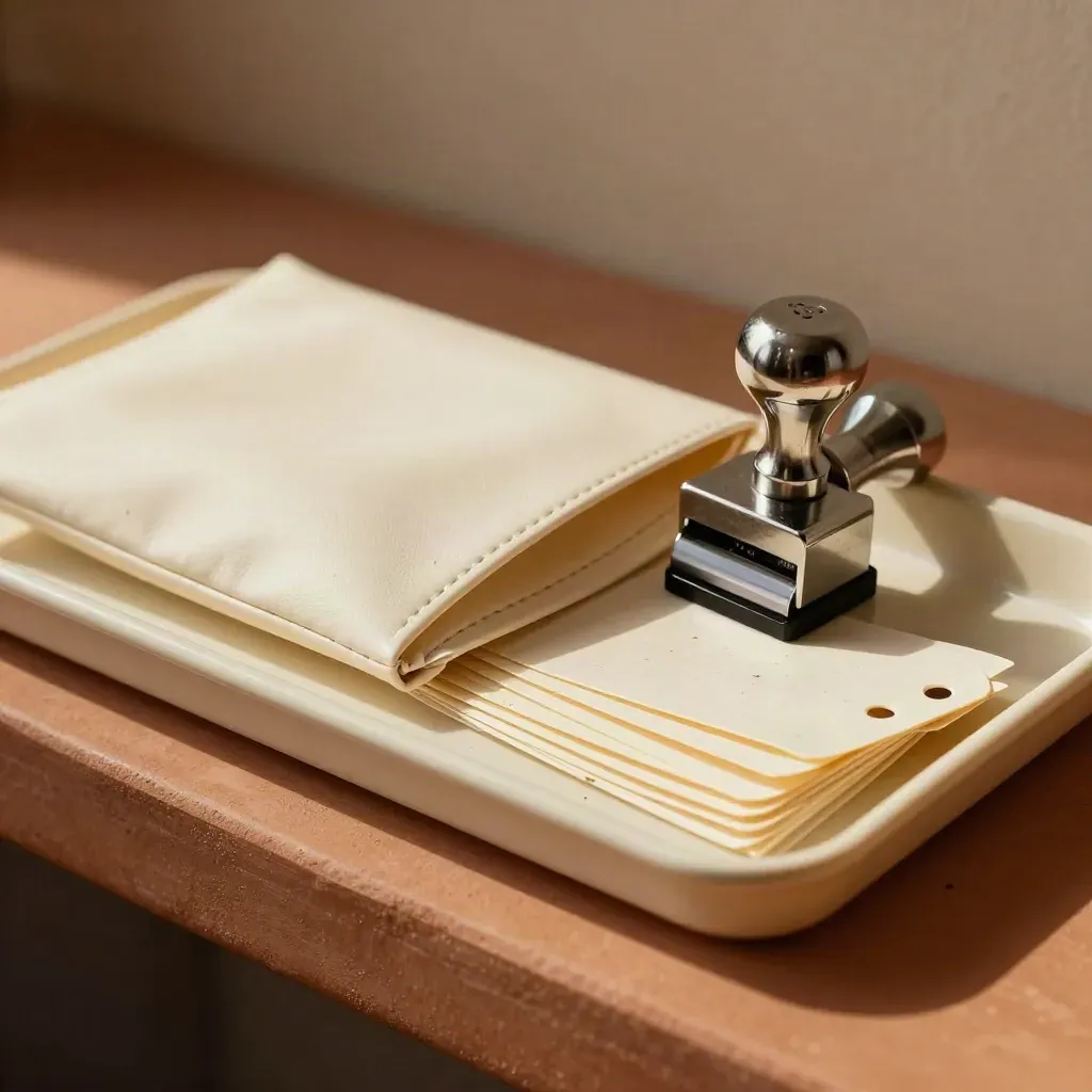 Closing pouch, courier bands, date stamp and routing tags arranged in a cream tray on terracotta stone.