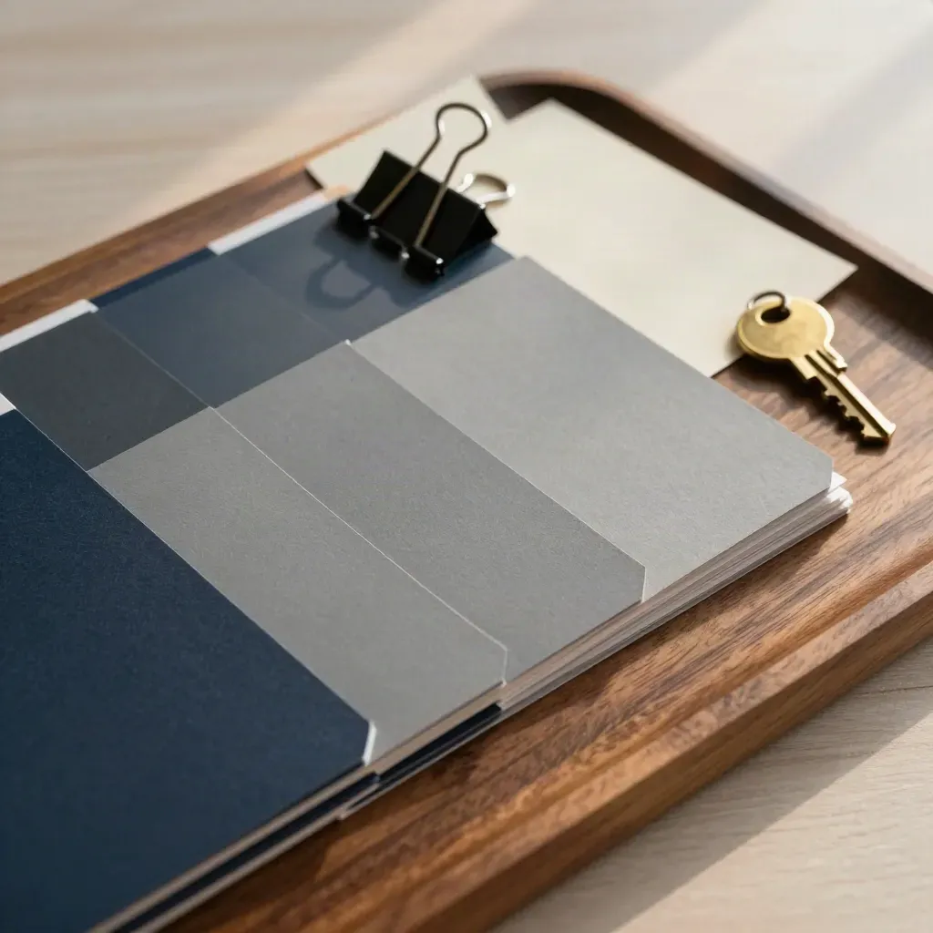 Overhead still life of archive tabs, binder clip, and brass key tag on a walnut tray.