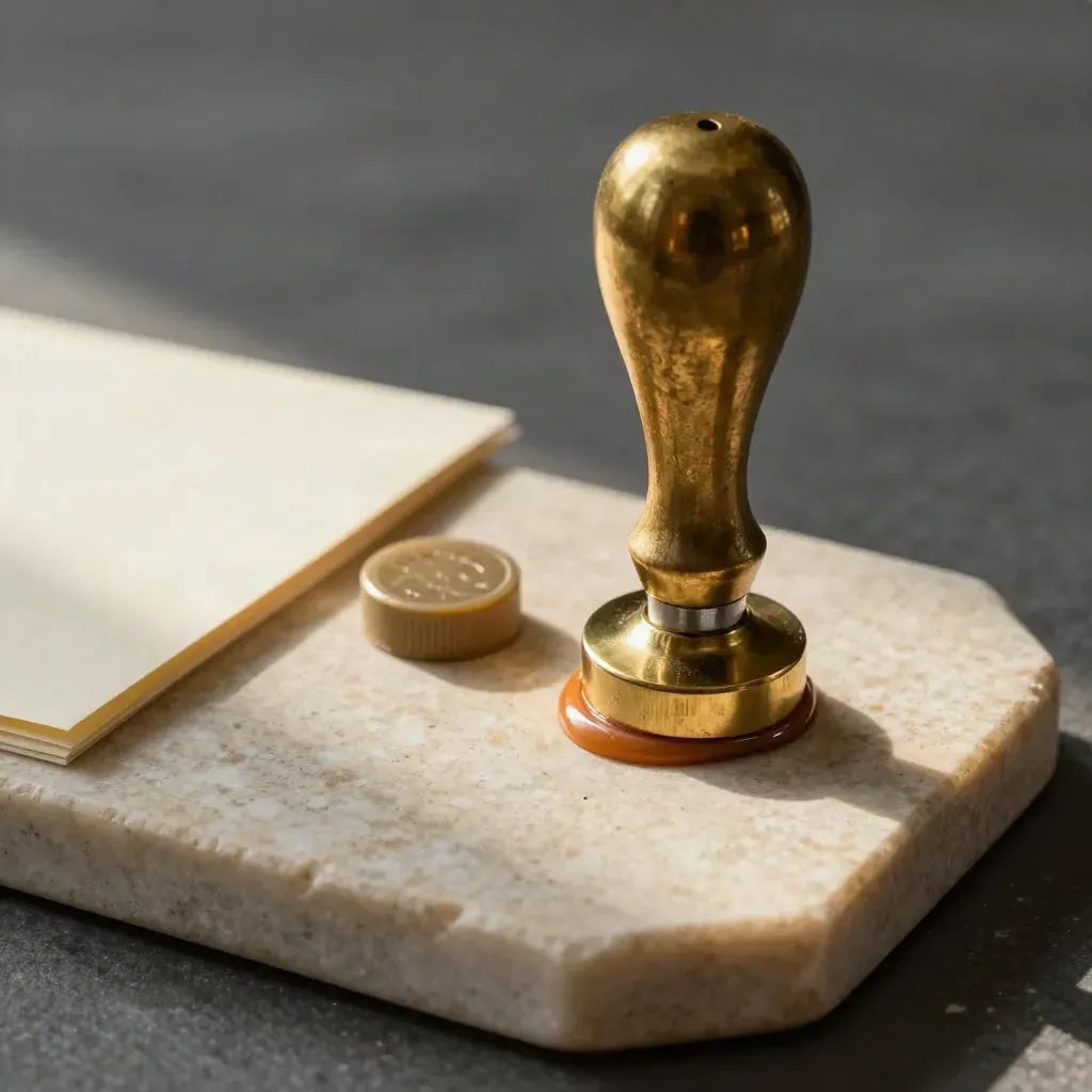 Brass seal press beside wax puck and title folder on a stone tray