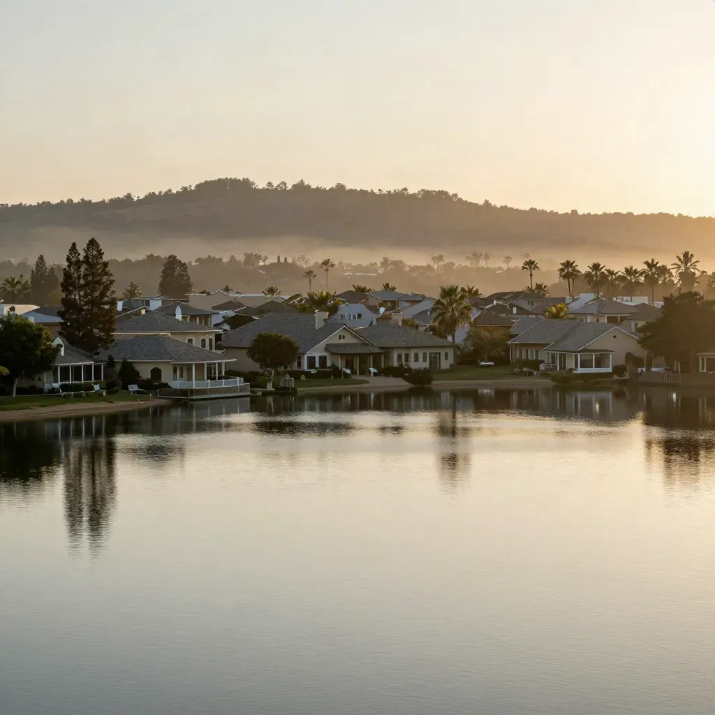 Pastel Celebration rooftops above a calm lakeside with haze and mirrored water at sunset