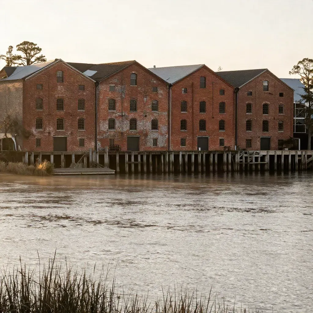 Sanford riverfront warehouses and cypress silhouettes in warm morning haze