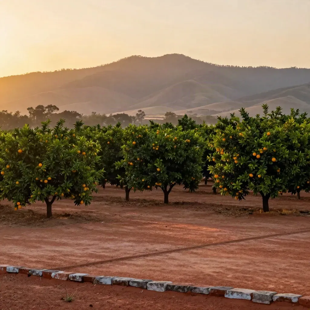 Lake County citrus groves glowing at sunset with distant Mount Dora ridge and hazy sky.