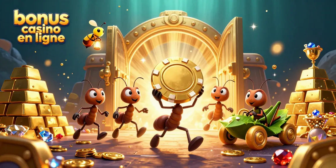 Les fourmis transportent une puce de poker dorée, intégrant "bonus casino en ligne" dans une scène animée.