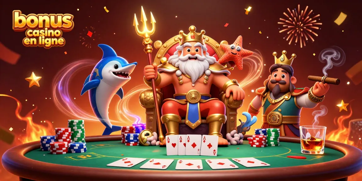Illustration dynamique de la promotion bonus casino en ligne avec Neptune et des éléments de poker.
