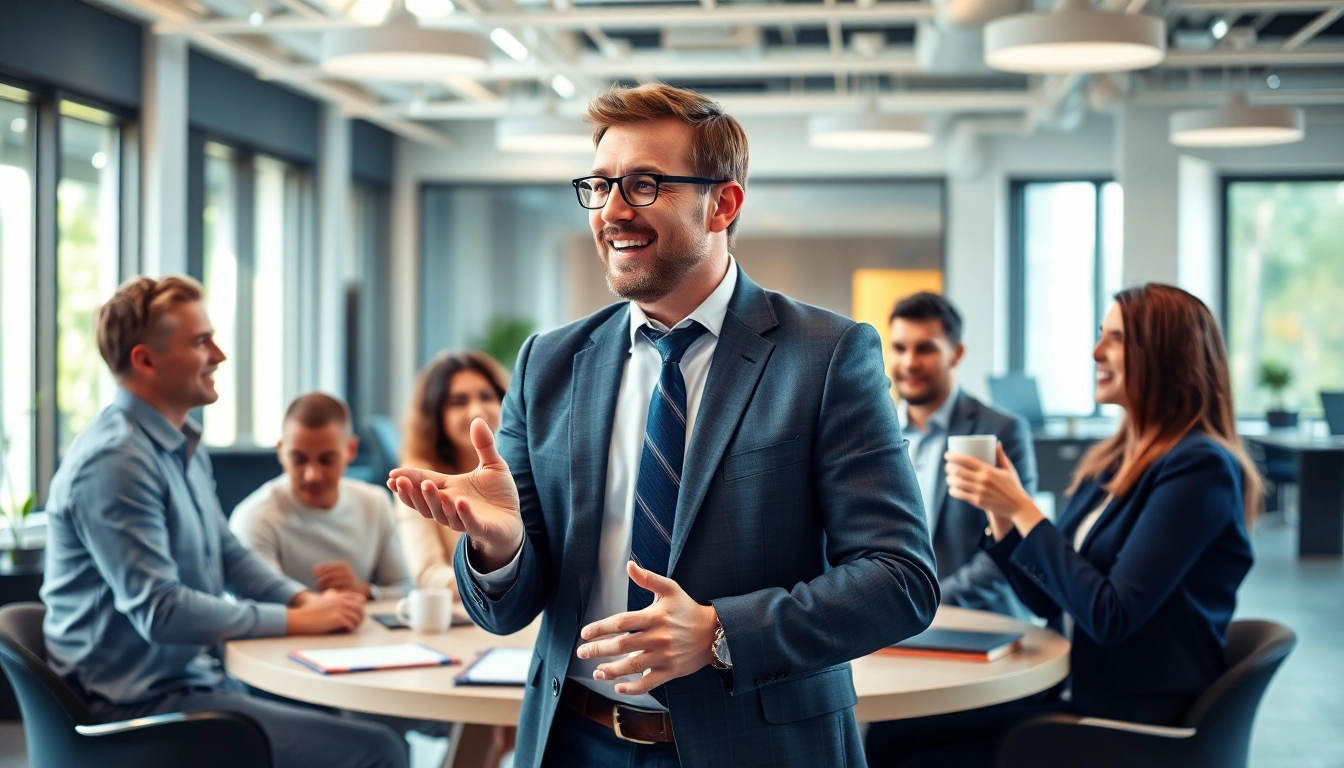 Engaging business coach in Los Angeles leading a dynamic discussion with clients.
