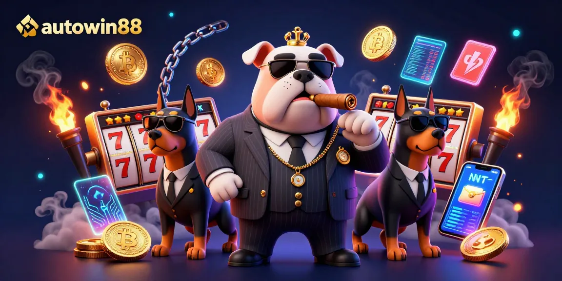 Experience thrills with autowin88’s animated mafia boss and bodyguards amidst a vibrant casino setting.