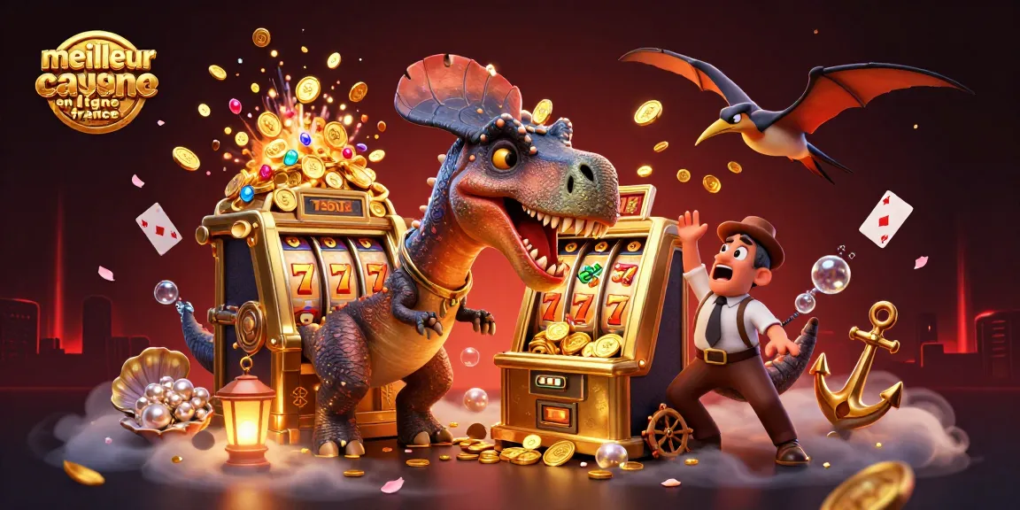 Visualisez le meilleur casino en ligne France avec un pachycephalosaurus gagnant en jackpot, entouré de trésors et de jeux.