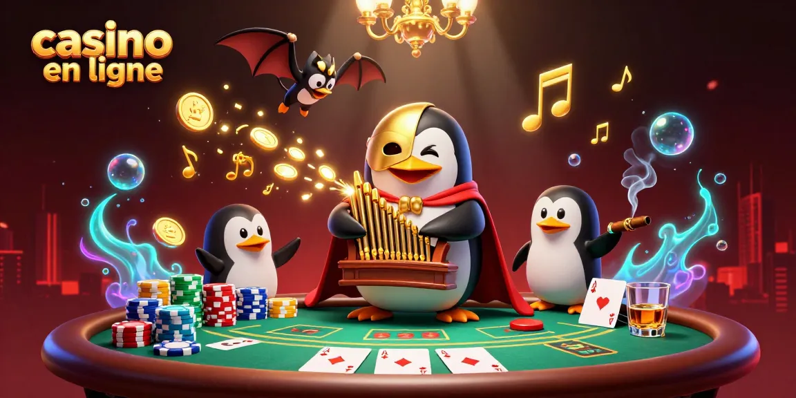 Gagnez aux jeux de casino en ligne avec la scène dynamique d'un pingouin jouant d'un orgue.