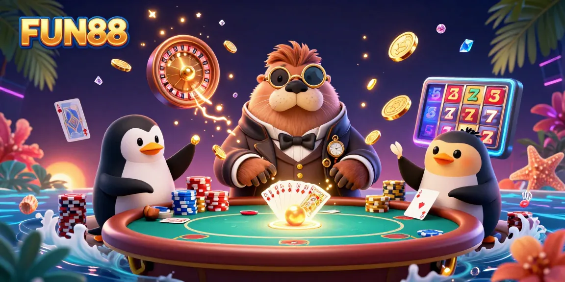 Experience the thrilling ambiance of FUN88 with whimsical characters in an underwater casino setting.