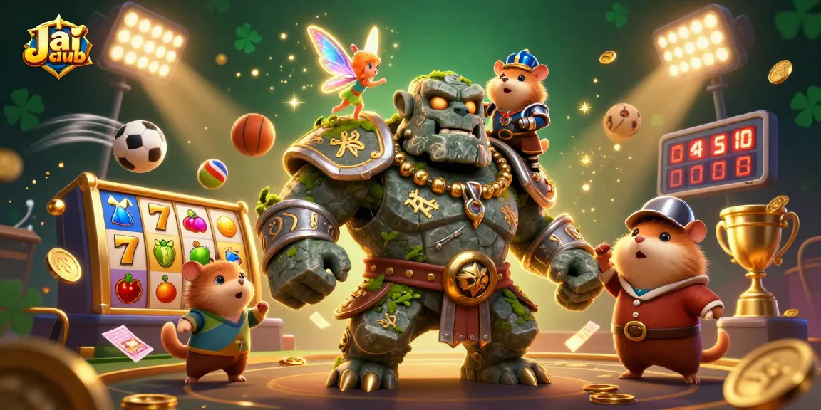 Engage with Jai club's vibrant casino scene featuring a stone golem and magical elements.