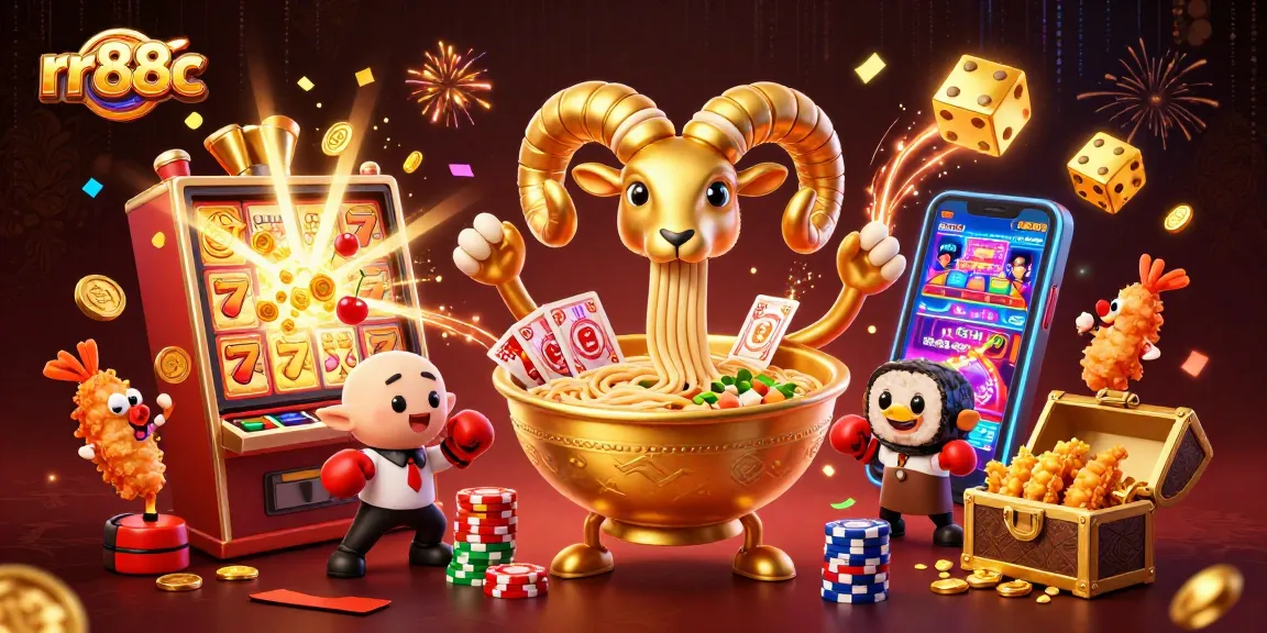 rr88c champions celebrate winning with a giant ramen bowl character amidst an explosive jackpot scene at an online casino.