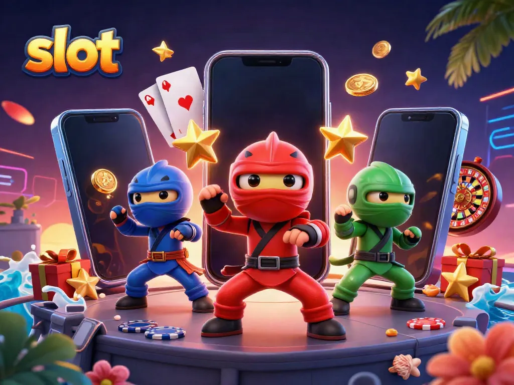 Slot dengan tiga ninja kameleon beraksi di rooftop, dikelilingi elemen kasino.