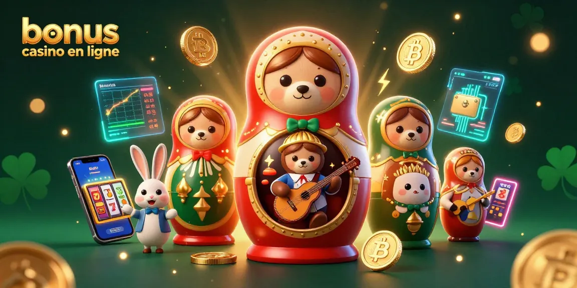 Profitez d'un bonus casino en ligne avec une scène de jeu dynamique, illustrant des ours et des pièces de crypto-monnaies.