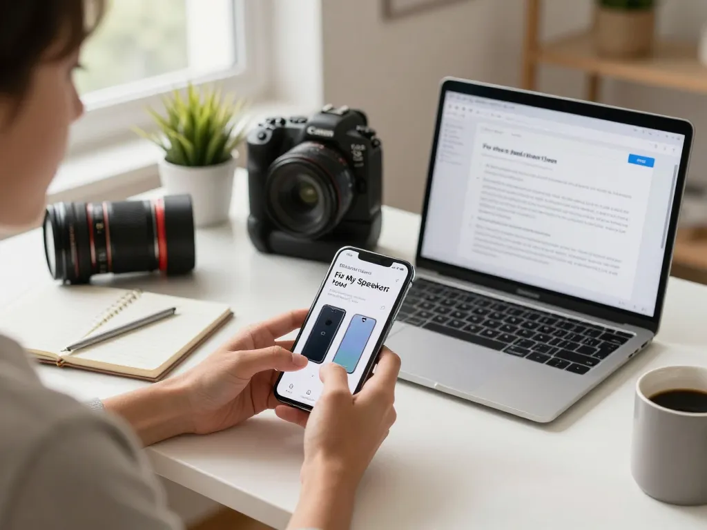 Person using Fix My Speaker tool on smartphone in a bright home office.