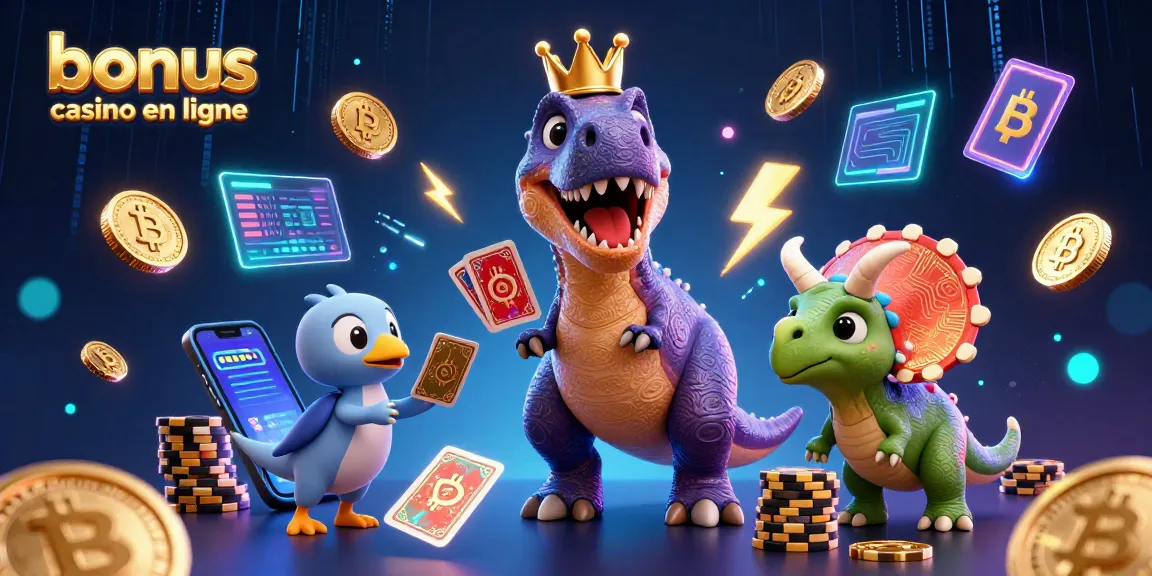Jouer au bonus casino en ligne avec un T-Rex, un ptérodactyle et un triceratops encadrés par des éléments numériques