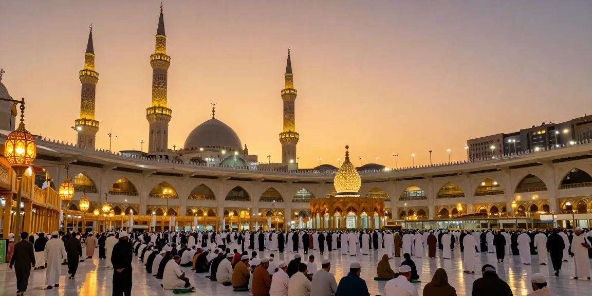 Umroh full ramadhan pilgrimage at the Grand Mosque in Makkah during sunset, capturing the essence of spirituality in travel.