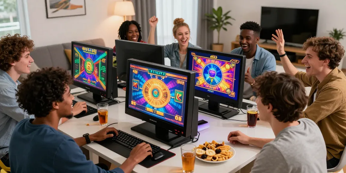 Engaging friends celebrating while using slot gacor games in a cozy living room.