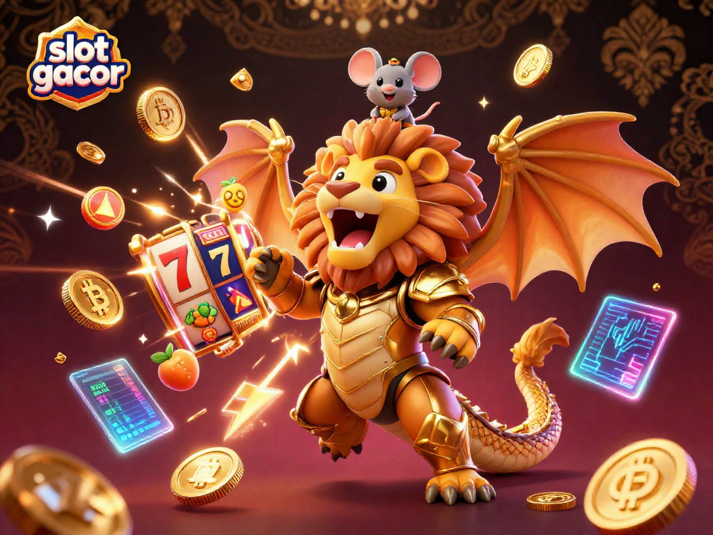 Engage with slot gacor gameplay in a vibrant casino scene filled with symbols and excitement.
