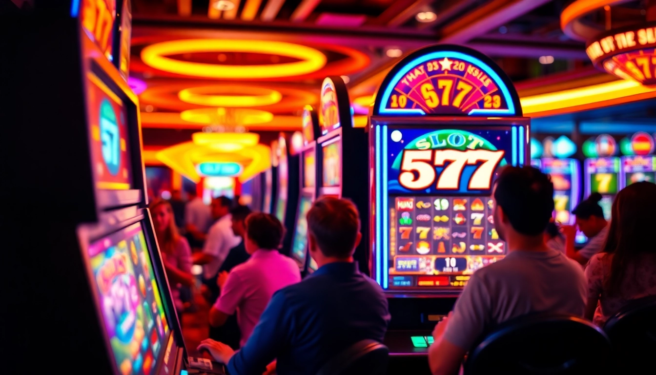 Permainan menyenangkan Slot77 di mesin slot dengan pencahayaan cerah dan pemain antusias.
