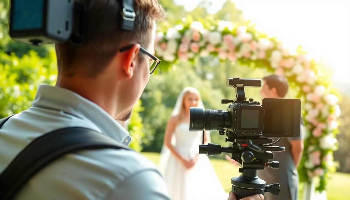 Videographer capturing a wedding moment outdoors, focusing on a couple's vows under floral decor.