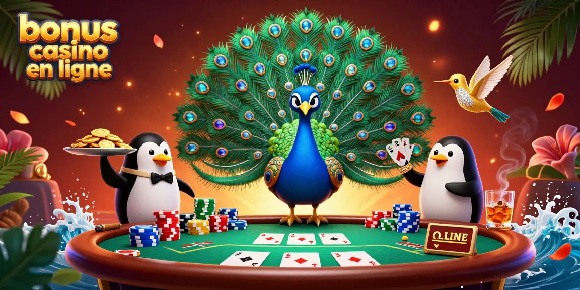 Visualisez des bonus casino en ligne avec un paon aristocratique et un pingouin serveur dans un cadre vibrant.