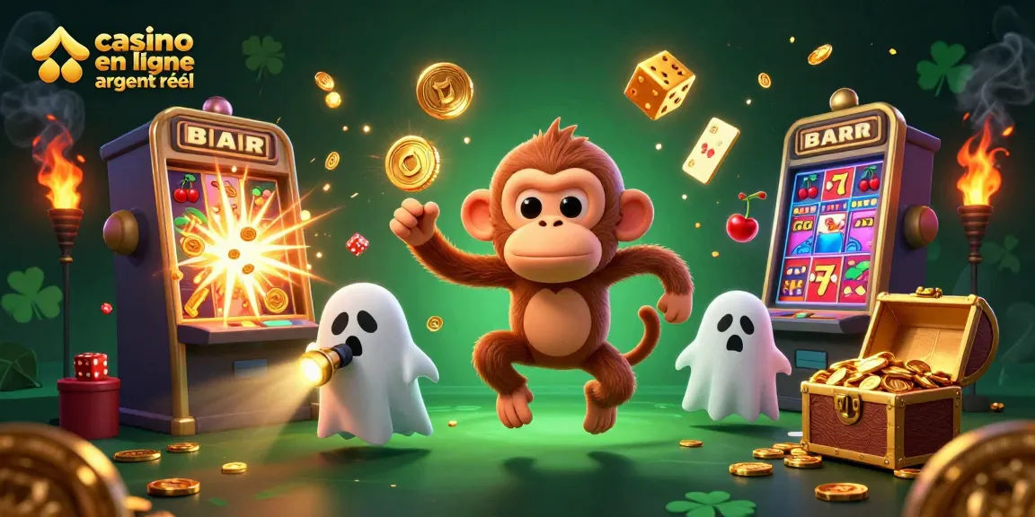 Découvrez les machines à sous à "casino en ligne argent réel" avec un singe poltergeist jonglant et un chiot chasseur de fantômes.
