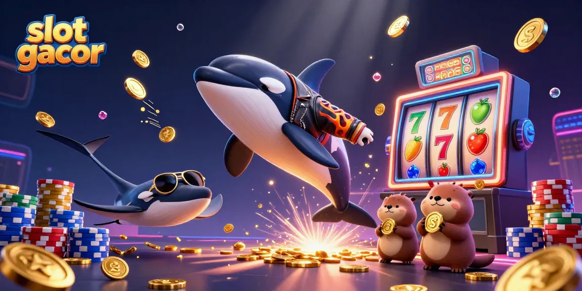 Enjoy exciting slot gacor action with orca, stingray, and otters amidst vibrant casino elements.