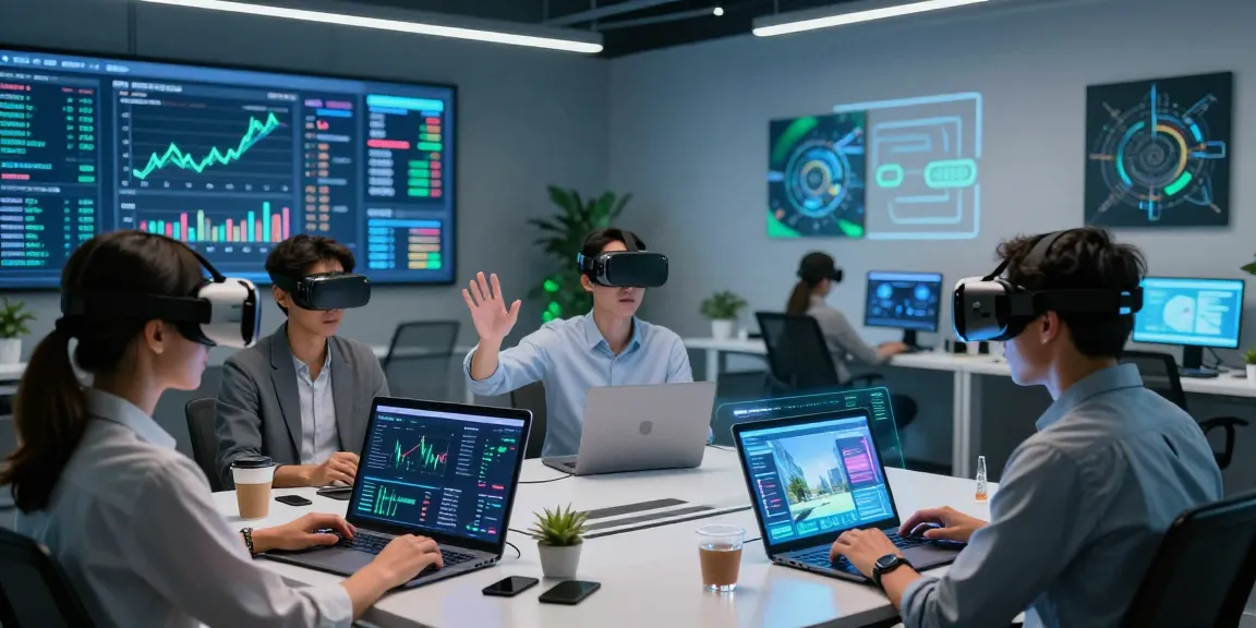 rokok88 enthusiasts exploring futuristic virtual property investments in a modern office.