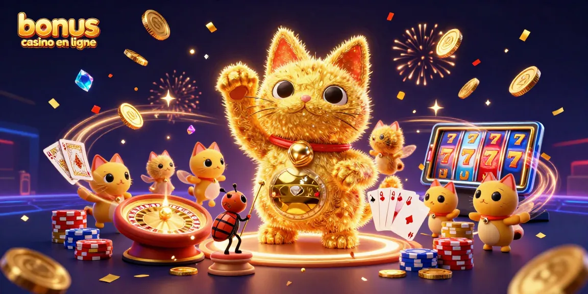 Bonus casino en ligne : Admirez un chat chanceux et des éléments de jeu dynamique inspirés des casinos.