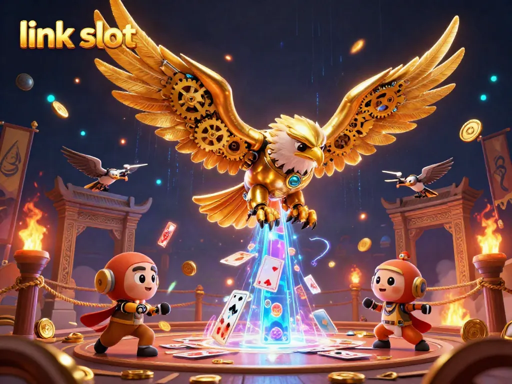 Melihat aksi seru di link slot, elang cybernetik terbang di atas kartu bermain dan koin emas.