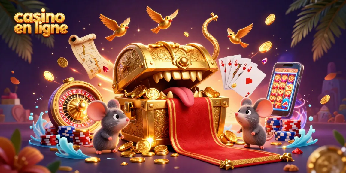 Casino en ligne avec un coffre au trésor attirant des aventuriers dans une scène dynamique.