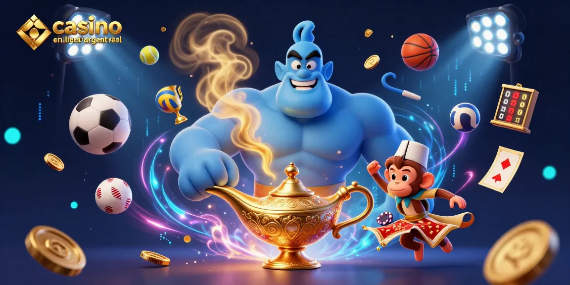 Venez découvrir l'univers du casino en ligne argent réel avec cette illustration dynamique de génie et d'éléments de jeux.