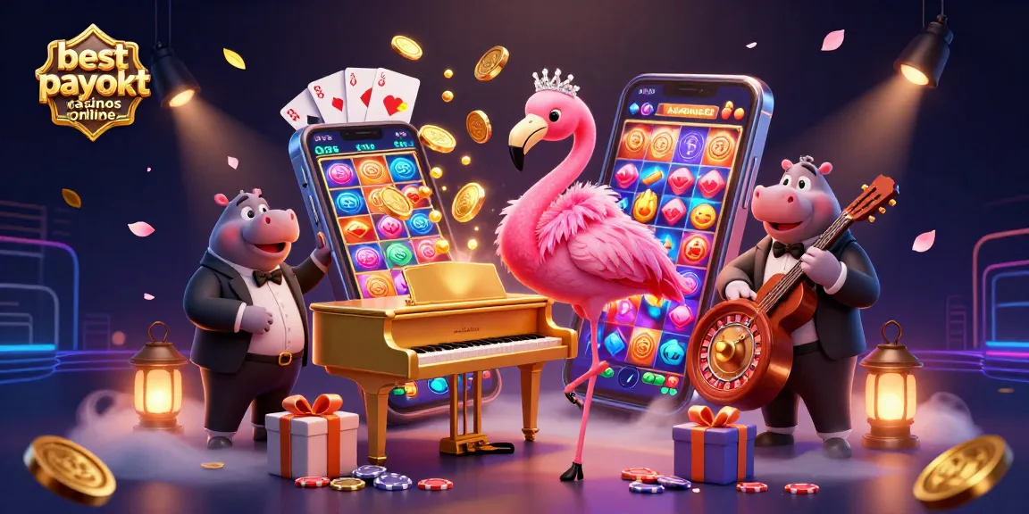 Experience the vibrant scene of best payout casinos online with a flamingo singer and hippo bassist amid dynamic gaming elements.