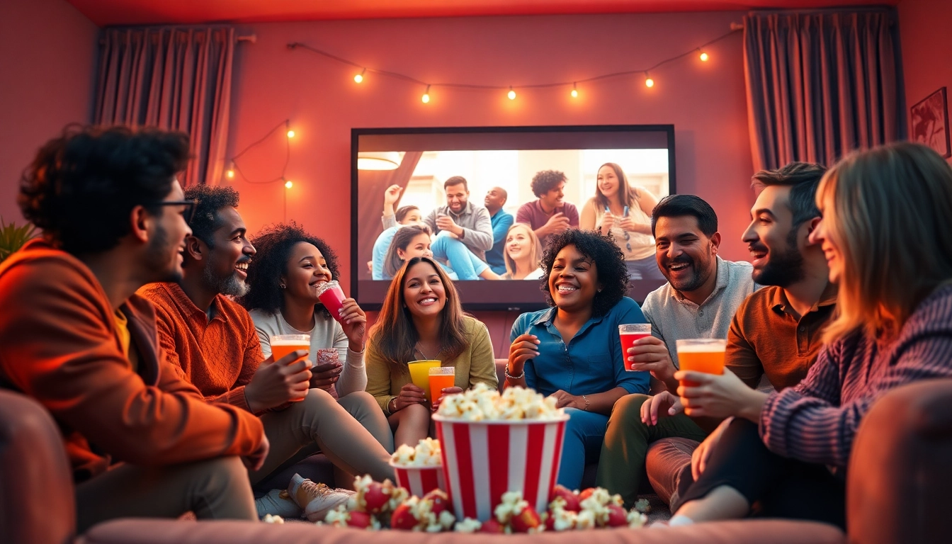 Friends enjoying filme online gratis during a cozy movie night with snacks.