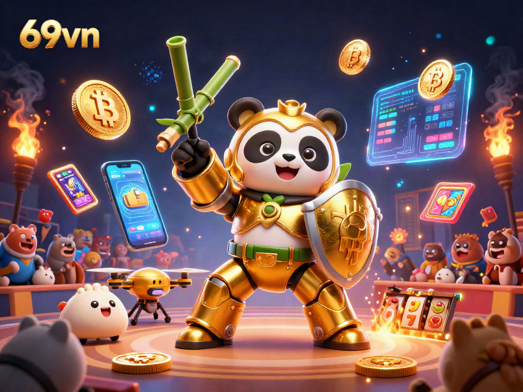 Experience thrilling gameplay with 69vn in this dynamic casino illustration featuring crypto elements and colorful symbols.