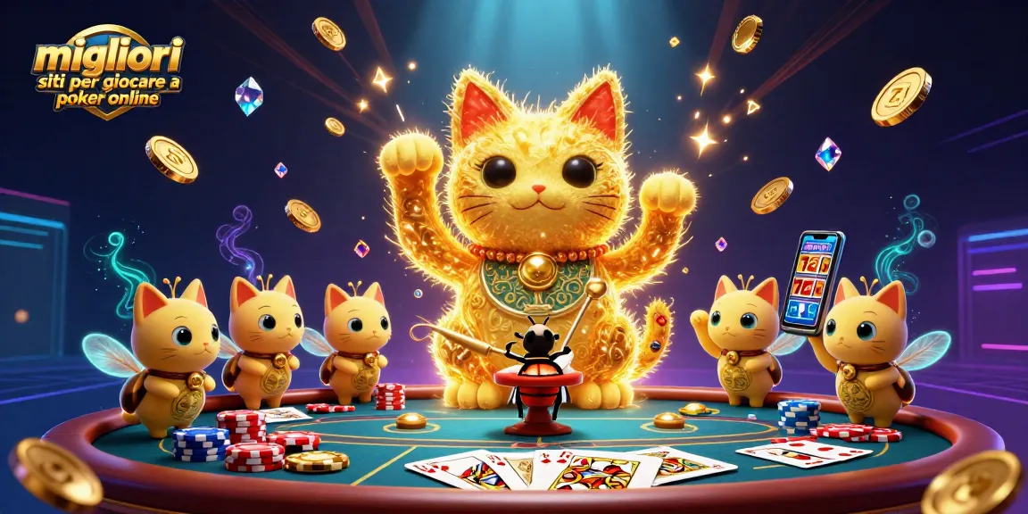 Migliori siti per giocare a poker online: illustrazione 3D di calamite d'oro che danzano tra simboli del casinò.