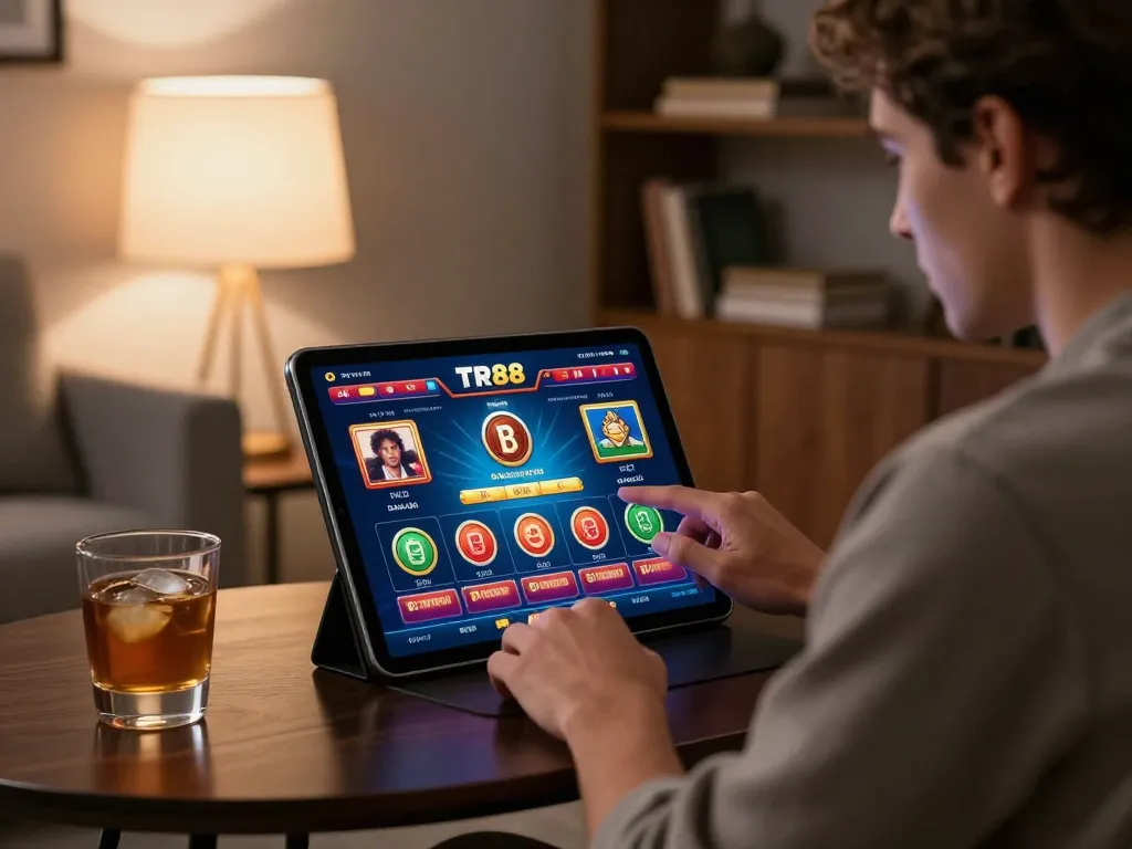 Experience TR88 online gaming with exciting gameplay on a sleek tablet in a cozy setting
