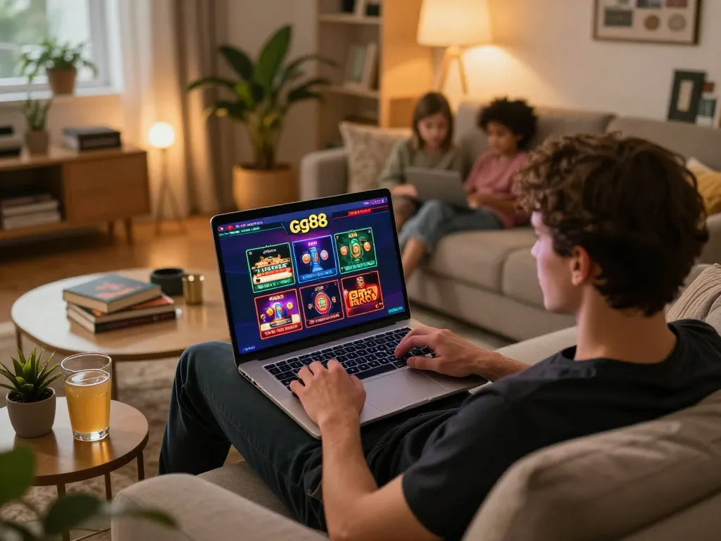 Engaging online gambling experience with gg88 on a laptop in cozy home setting