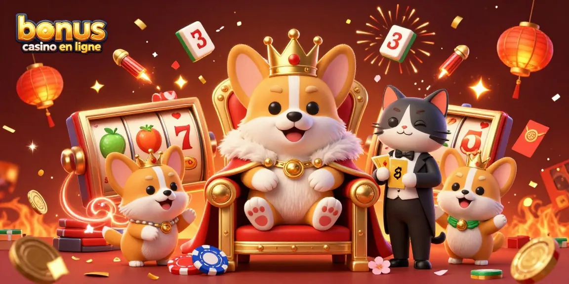 Illustration d'un corgi royal avec couronne sur son trône, entouré de symboles de bonus casino en ligne.
