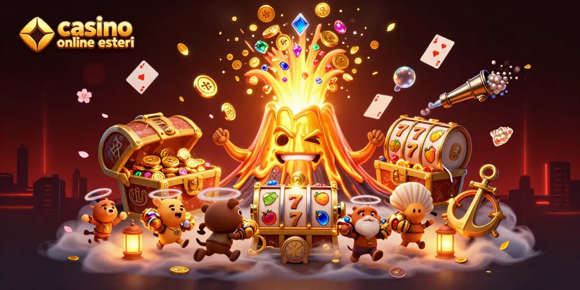 Casinò online esteri: una coinvolgente illustrazione di un vulcano dorato eruttante valuta e tesori, circondato da elementi di gioco.