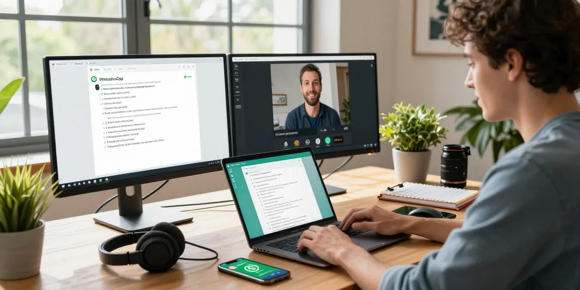 A productive workspace showcasing a user engaging with WhatsApp電腦版 on a laptop, dual monitors with messaging and video calls.