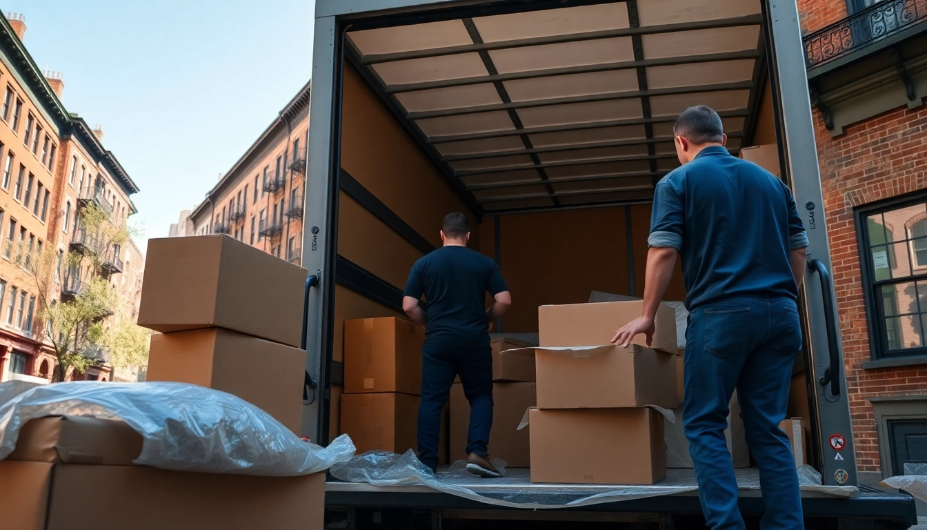 Movers efficiently handling boston local moves, packing boxes in front of a Boston apartment.