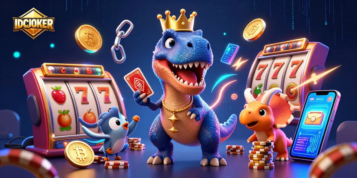 Engage with IDCJOKER's vibrant slot games illustrated by a friendly dinosaur trio in a dynamic casino scene.