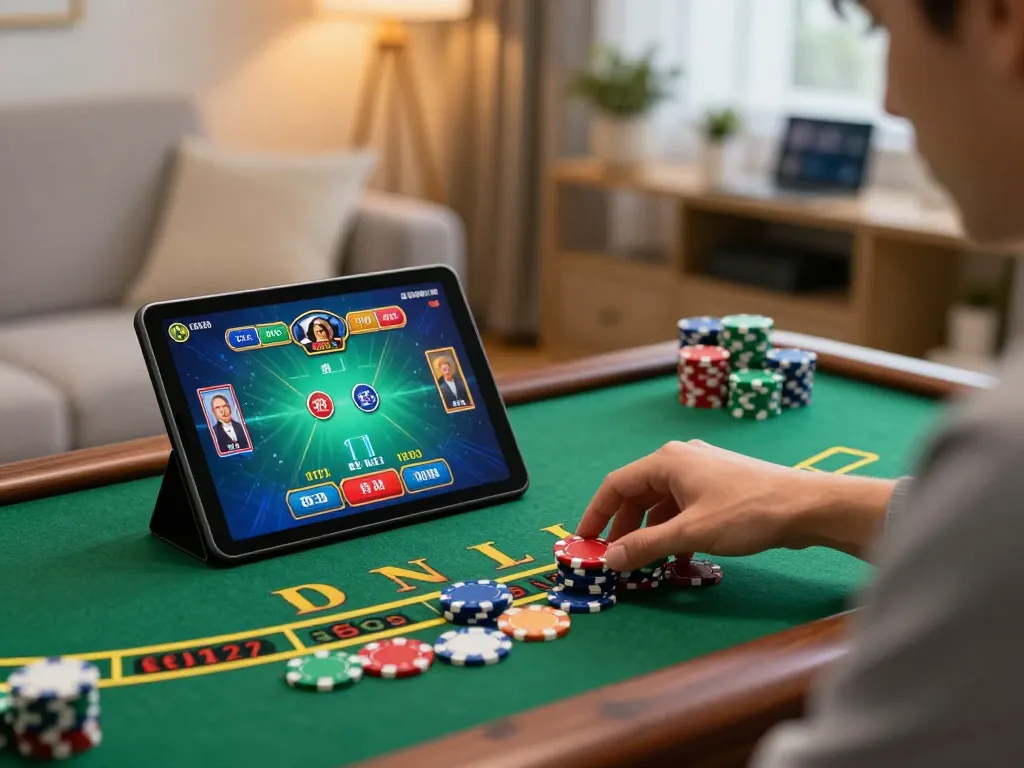 Engaged player strategizing in sc88 live blackjack game on tablet, cozy home setting.