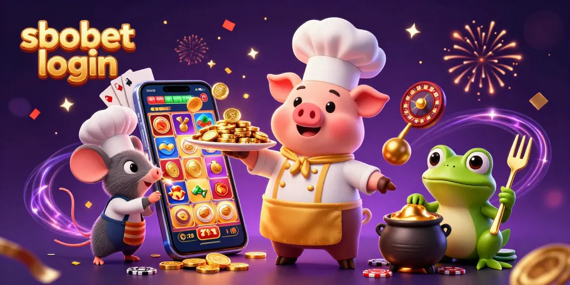 Engage with sbobet login amidst a vibrant casino scene featuring gold, games, and lively characters.
