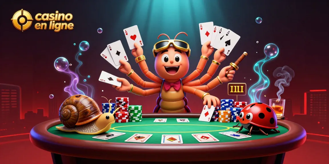 Animation captivante de casino en ligne avec un croupier millipède jouant aux cartes et des jetons colorés.