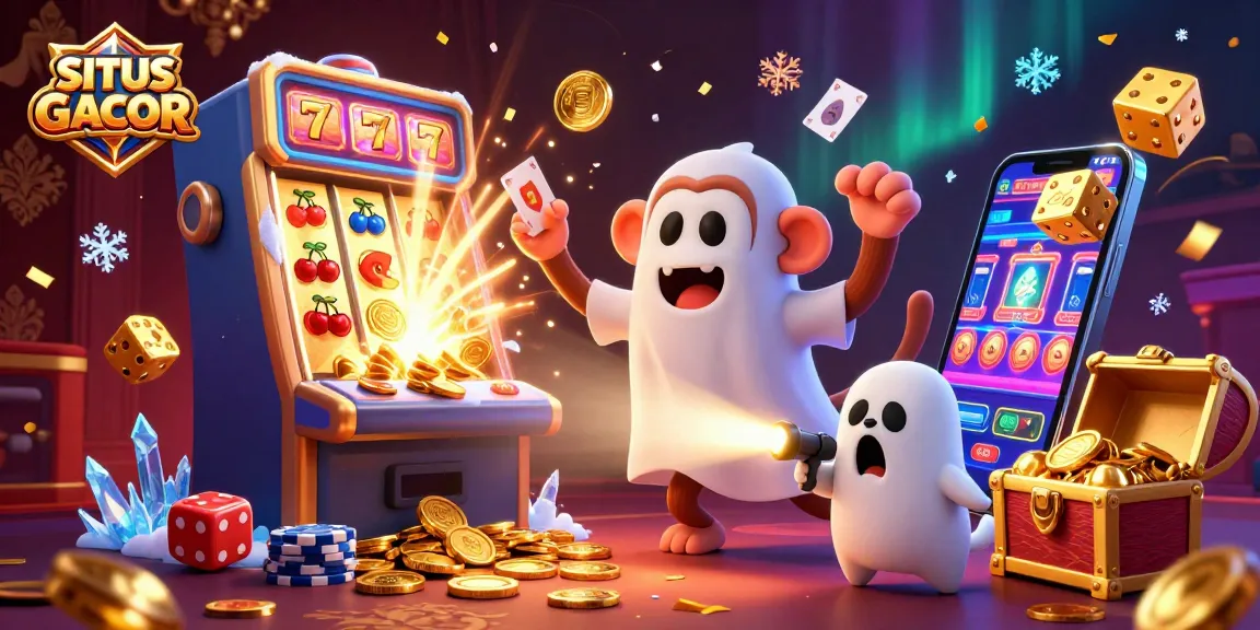SITUS GACOR showcases a lively illustration of a playful poltergeist monkey juggling casino elements in a dynamic scene.
